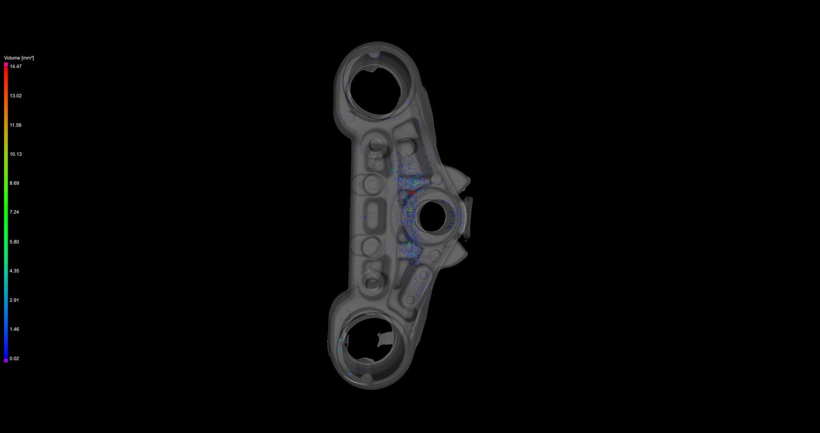 CT defect volume analysis of a cast structural bracket with indications colour-coded by volume in cubic millimetres