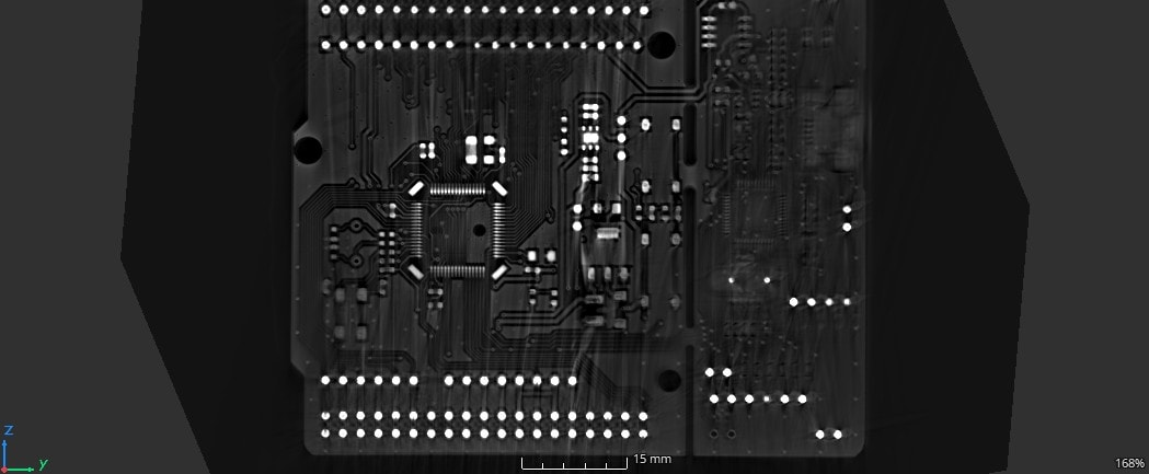 CT scan of a populated printed circuit board showing internal traces, vias and solder joints