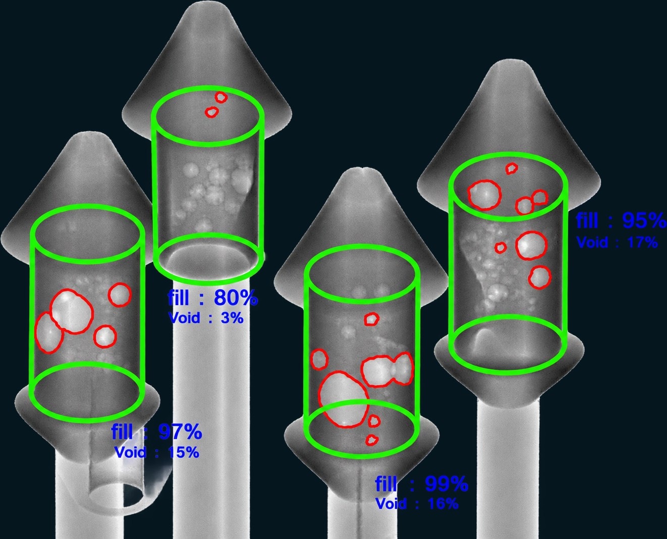 Annotated X-ray of four PTH joints with measurement cylinders, outlined voids and fill and void percentages per barrel