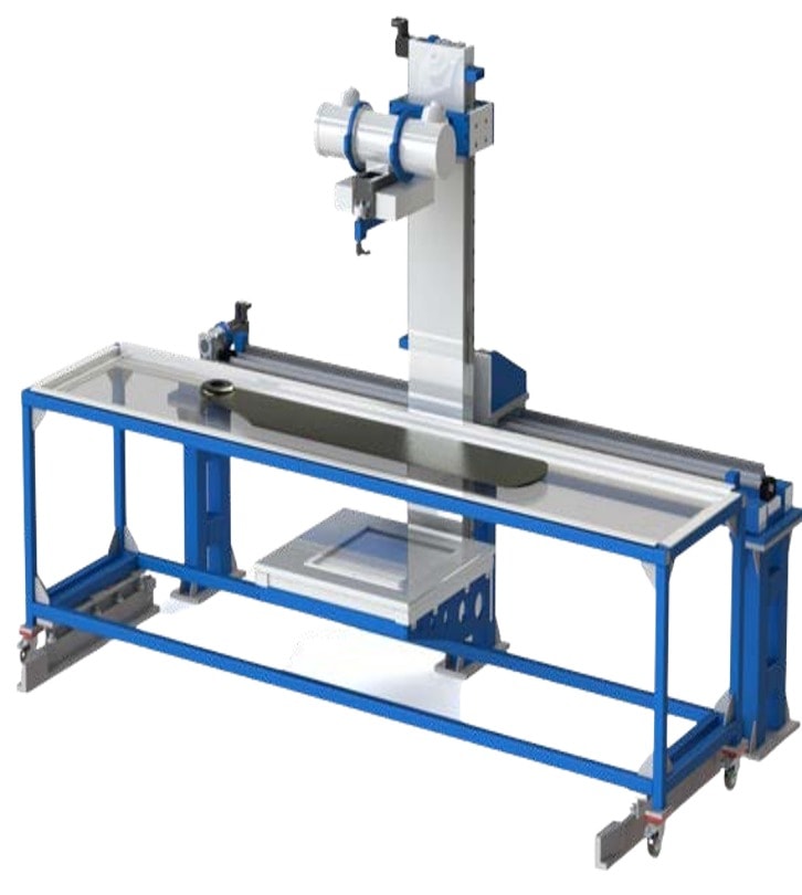 MQS rotor blade digital radiography system with long-format gantry, travelling X-ray source and flat panel detector