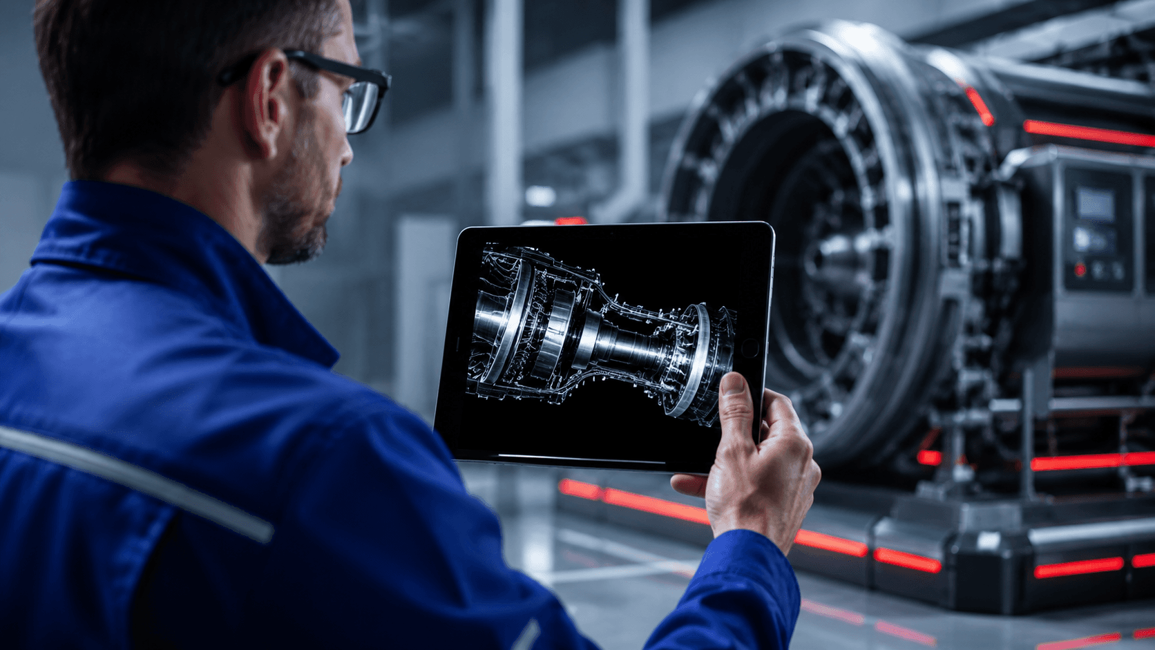 Engineer reviewing an industrial CT scan beside an inspection system
